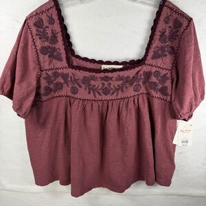 NWT Lucky Brand Square Neck Blouse Boho Babydoll Peasant Embroidered Mauve Sz XL